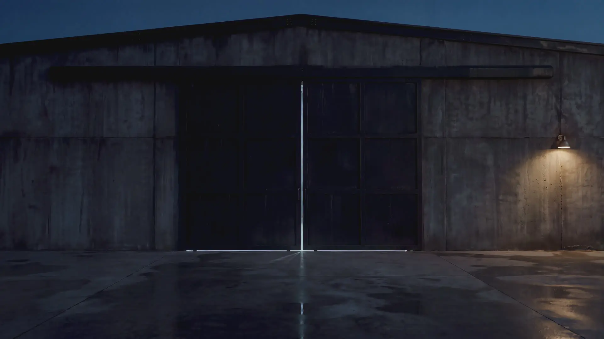 The Aalix studio at night, its steel doors closed